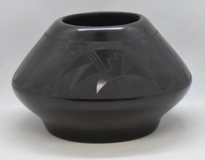 Native American black on black pottery 4" pot, signed AdaKei - 3