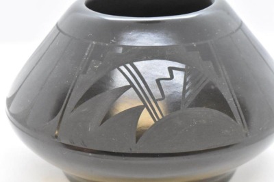 Native American black on black pottery 4" pot, signed AdaKei - 4