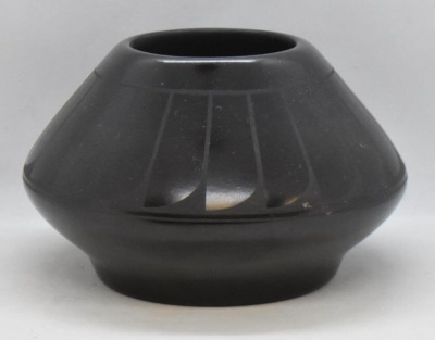 Native American black on black pottery 4" pot, signed AdaKei - 5