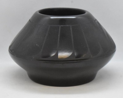 Native American black on black pottery 4" pot, signed AdaKei - 6