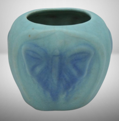 Van Briggle 3"h pot w/ embossed butterflies, turquoise - 3