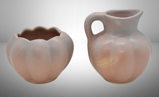 Van Briggle melon-shaped creamer and sugar, pinkish