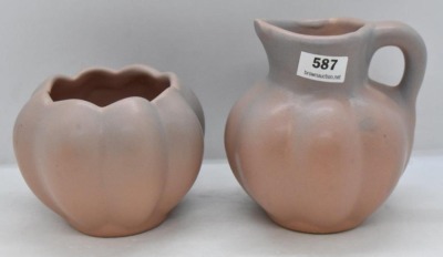 Van Briggle melon-shaped creamer and sugar, pinkish - 2