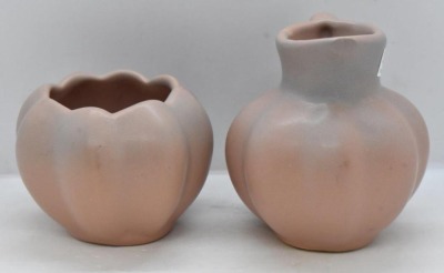 Van Briggle melon-shaped creamer and sugar, pinkish - 4