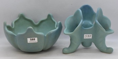 (2) Van Briggle pottery pieces: triple cornucopia and bowl, turqouise - 2