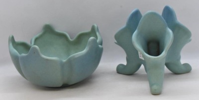 (2) Van Briggle pottery pieces: triple cornucopia and bowl, turqouise - 3