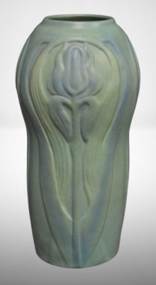 Van Briggle 16" vase w/ embossed Irises, green w/ blue overshot, artist initials LS