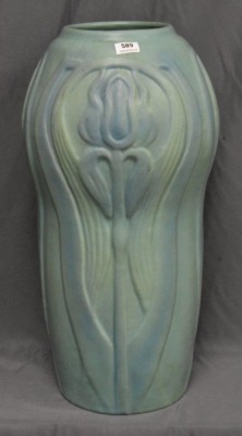 Van Briggle 16" vase w/ embossed Irises, green w/ blue overshot, artist initials LS - 2