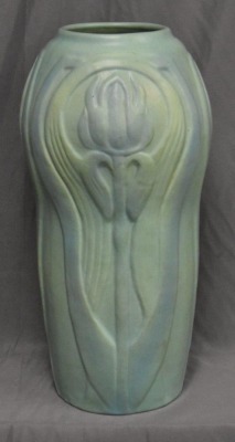 Van Briggle 16" vase w/ embossed Irises, green w/ blue overshot, artist initials LS - 3