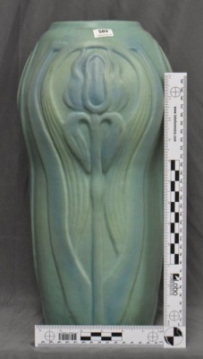 Van Briggle 16" vase w/ embossed Irises, green w/ blue overshot, artist initials LS - 5