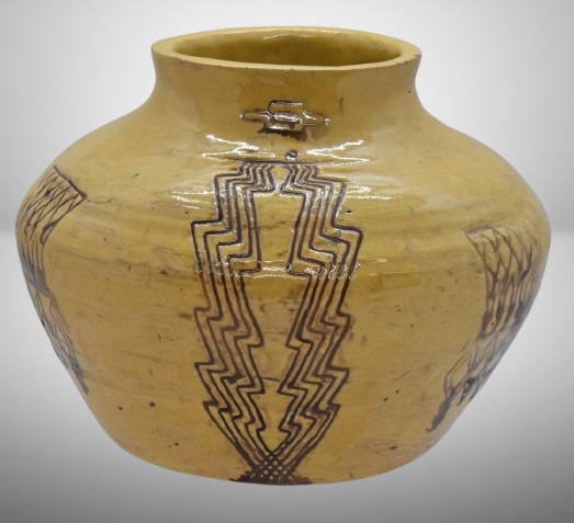 Unknown pottery 5.5" bowl/ vase w/ incised motifs