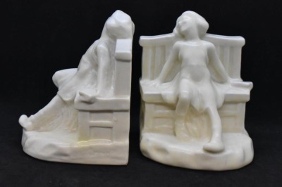 Rookwood pottery #2446 bookends, "Girl on Bench" - white - 2