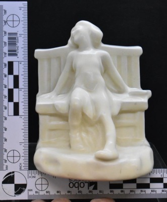 Rookwood pottery #2446 bookends, "Girl on Bench" - white - 5