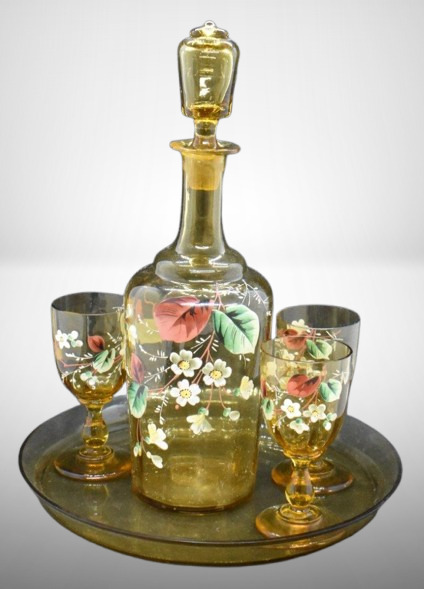 Victorian enameled amber glass liqueur set: decanter, (3) cordials and underplate