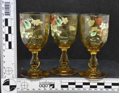 Victorian enameled amber glass liqueur set: decanter, (3) cordials and underplate - 6