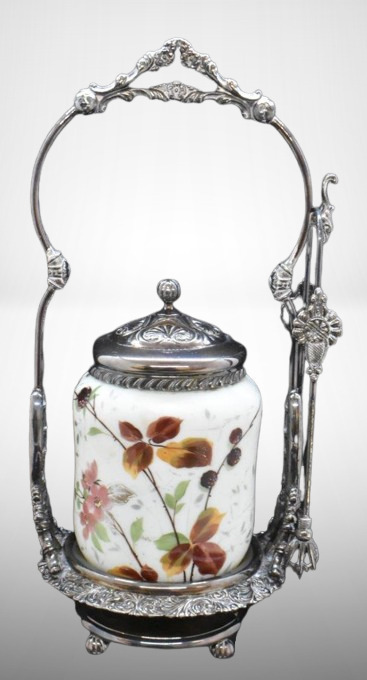 Victorian pickle castor w/ Mt. Washington-style glass insert, ornate holder and tongs