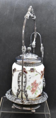 Victorian pickle castor w/ Mt. Washington-style glass insert, ornate holder and tongs - 2