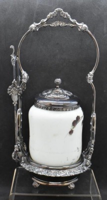 Victorian pickle castor w/ Mt. Washington-style glass insert, ornate holder and tongs - 3