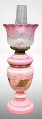 European pink opaline kerosene table lamp, enameled designs, 19" to top of shade