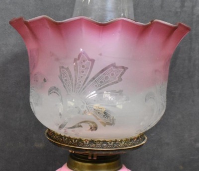 European pink opaline kerosene table lamp, enameled designs, 19" to top of shade - 2