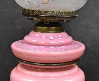 European pink opaline kerosene table lamp, enameled designs, 19" to top of shade - 3