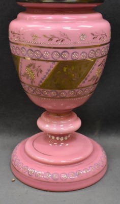 European pink opaline kerosene table lamp, enameled designs, 19" to top of shade - 4