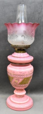 European pink opaline kerosene table lamp, enameled designs, 19" to top of shade - 5