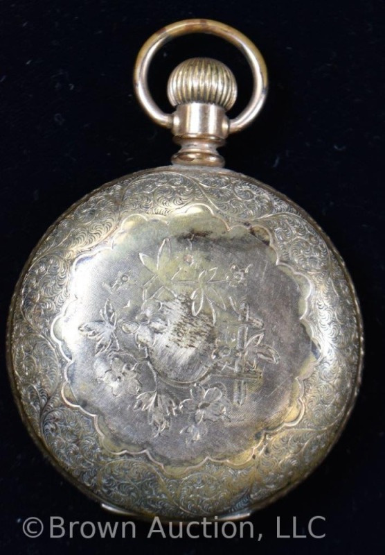 Hartford Watch Co. closed case gold pocket watch, etched railroad locomotive,