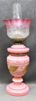 European pink opaline kerosene table lamp, enameled designs, 19" to top of shade - 6