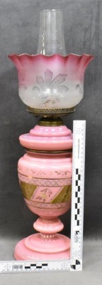 European pink opaline kerosene table lamp, enameled designs, 19" to top of shade - 7