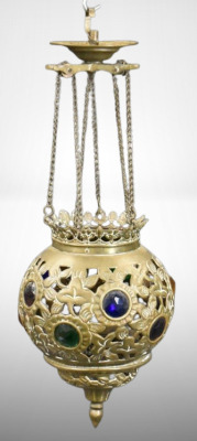 Pierced brass jeweled miniature hanging candle lamp, 12"h