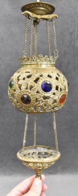 Pierced brass jeweled miniature hanging candle lamp, 12"h - 3