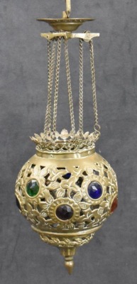 Pierced brass jeweled miniature hanging candle lamp, 12"h - 4