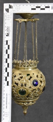 Pierced brass jeweled miniature hanging candle lamp, 12"h - 7