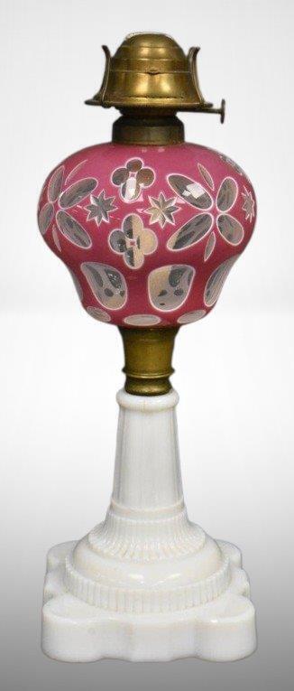 Pink cut-to-clear 15" kerosene lamp w/ milk glass base