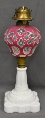 Pink cut-to-clear 15" kerosene lamp w/ milk glass base - 2