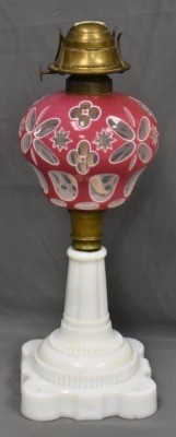 Pink cut-to-clear 15" kerosene lamp w/ milk glass base - 3