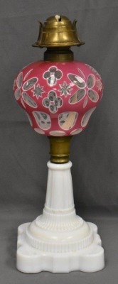 Pink cut-to-clear 15" kerosene lamp w/ milk glass base - 4