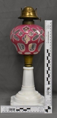 Pink cut-to-clear 15" kerosene lamp w/ milk glass base - 12