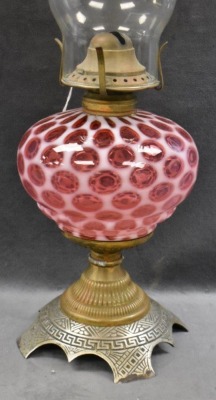 Cranberry opalescent Coin Dot 9" kerosene lamp, decorative metal base - 2