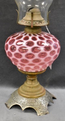 Cranberry opalescent Coin Dot 9" kerosene lamp, decorative metal base - 3