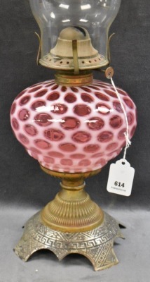 Cranberry opalescent Coin Dot 9" kerosene lamp, decorative metal base - 4