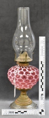 Cranberry opalescent Coin Dot 9" kerosene lamp, decorative metal base - 6