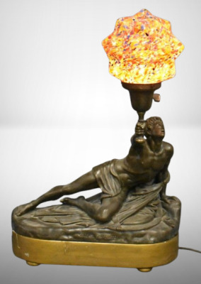 Art Deco metal figural lamp labeled "Soldat Spartiate" w/ Czech blown spatter Starburst shade