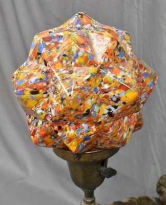 Art Deco metal figural lamp labeled "Soldat Spartiate" w/ Czech blown spatter Starburst shade - 4