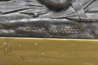 Art Deco metal figural lamp labeled "Soldat Spartiate" w/ Czech blown spatter Starburst shade - 5