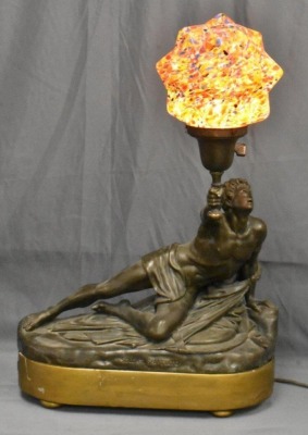 Art Deco metal figural lamp labeled "Soldat Spartiate" w/ Czech blown spatter Starburst shade - 7