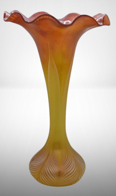 Art Glass 12" vase w/ Pulled Feather design, irid. red to gold