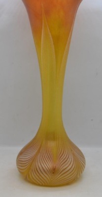 Art Glass 12" vase w/ Pulled Feather design, irid. red to gold - 2