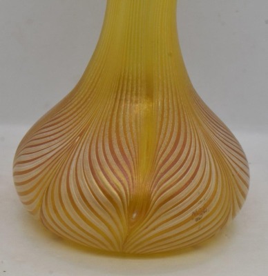 Art Glass 12" vase w/ Pulled Feather design, irid. red to gold - 3